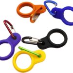 A set of 6 multicolor silicone water bottle buckles with carabiner clips, shown attached to backpacks and belts.