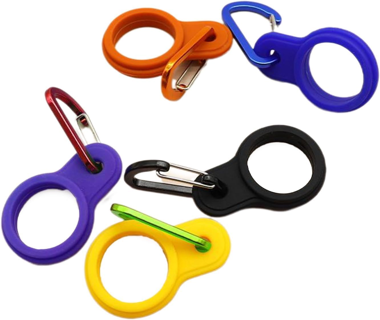 puryupearl-6-pcs-multicolor-silicone-water-bottle-buckle-with-carabiner-clip-01 A set of 6 multicolor silicone water bottle buckles with carabiner clips, shown attached to backpacks and belts.
