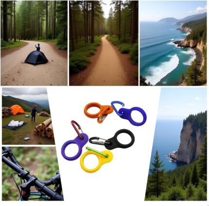 A set of 6 multicolor silicone water bottle buckles with carabiner clips, shown attached to backpacks and belts.