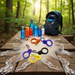 A set of 6 multicolor silicone water bottle buckles with carabiner clips, shown attached to backpacks and belts.