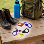 A set of 6 multicolor silicone water bottle buckles with carabiner clips, shown attached to backpacks and belts.