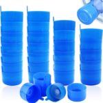 A stack of 30 blue Qiuttnqn water jug caps, designed for 3 and 5-gallon bottles with a 55mm snap-on top, displayed neatly.
