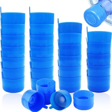 A stack of 30 blue Qiuttnqn water jug caps, designed for 3 and 5-gallon bottles with a 55mm snap-on top, displayed neatly.