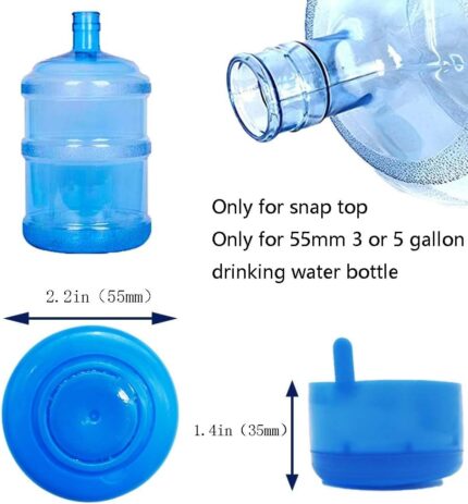 A stack of 30 blue Qiuttnqn water jug caps, designed for 3 and 5-gallon bottles with a 55mm snap-on top, displayed neatly.