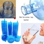 A stack of 30 blue Qiuttnqn water jug caps, designed for 3 and 5-gallon bottles with a 55mm snap-on top, displayed neatly.