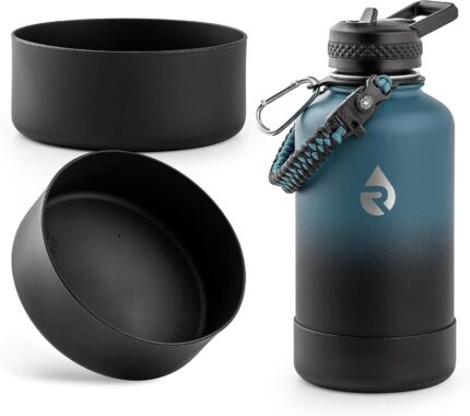 Two black silicone water bottle bottom protectors on a white background, designed for large insulated bottles.