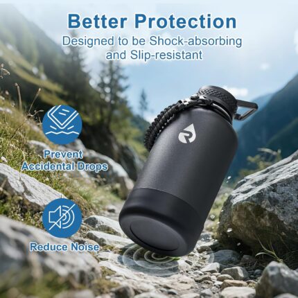 Two black silicone water bottle bottom protectors on a white background, designed for large insulated bottles.