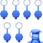 A pack of six white food-grade silicone water jug caps, designed for 3 and 5-gallon bottles with 55mm openings, shown against