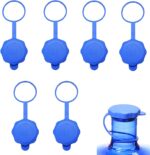 A pack of six white food-grade silicone water jug caps, designed for 3 and 5-gallon bottles with 55mm openings, shown against