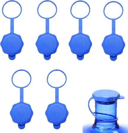 A pack of six white food-grade silicone water jug caps, designed for 3 and 5-gallon bottles with 55mm openings, shown against