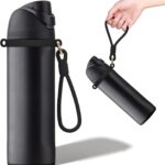 Very dark silicone handle strap securely attached to an Owala water bottle, showing its ergonomic design for carrying.