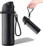 Very dark silicone handle strap securely attached to an Owala water bottle, showing its ergonomic design for carrying.