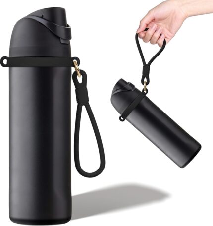 Very dark silicone handle strap securely attached to an Owala water bottle, showing its ergonomic design for carrying.