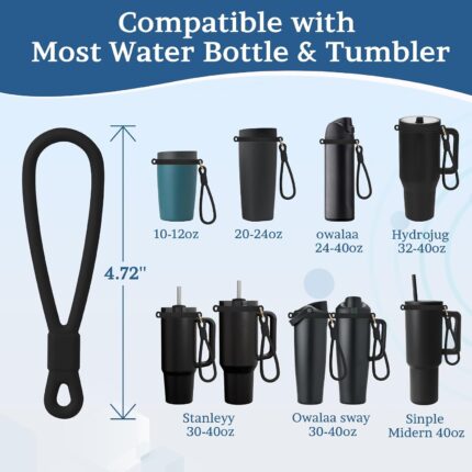 Very dark silicone handle strap securely attached to an Owala water bottle, showing its ergonomic design for carrying.